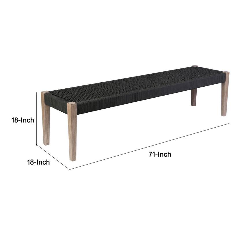 Nif 71 Inch Rectangular Dining Bench, Rope Woven Top, Tapered Legs, Black