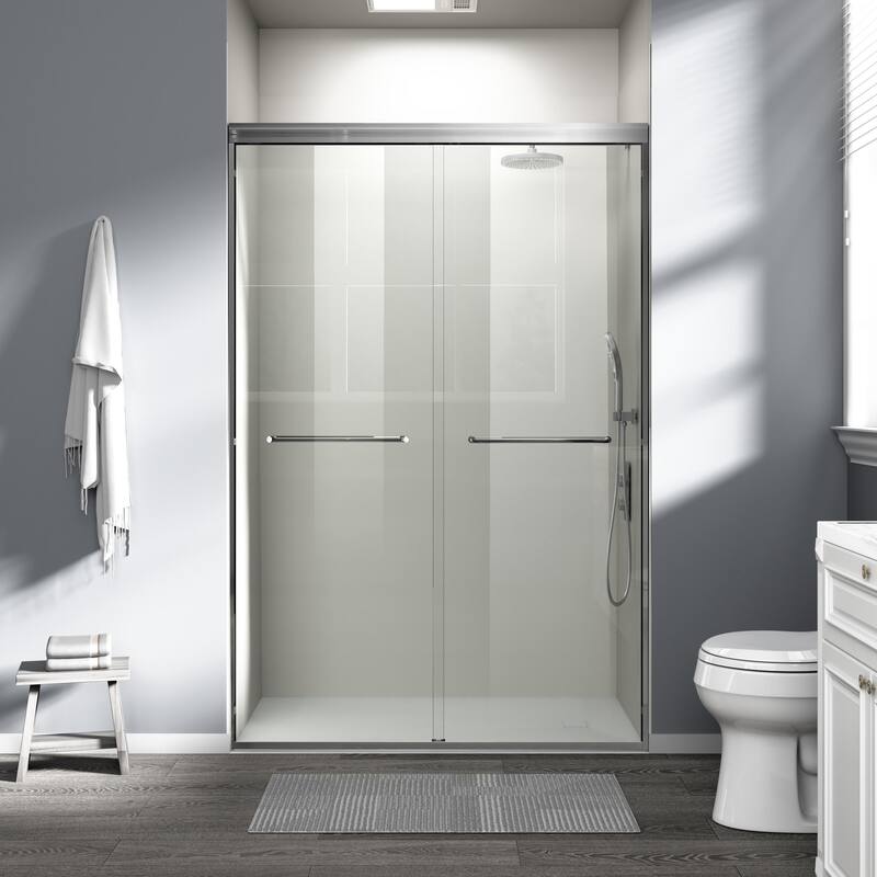 ABRUZZO 44-48" W x 72" H Semi-Frameless Double Sliding Tempered Glass Shower Door with Dual Towel Bars - Brushed Nickel