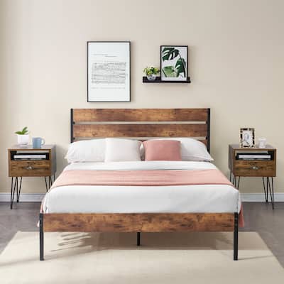 3-Pieces Bedroom Set with Rustic Brown Platform Bed Frame and Nightstands Set of 2