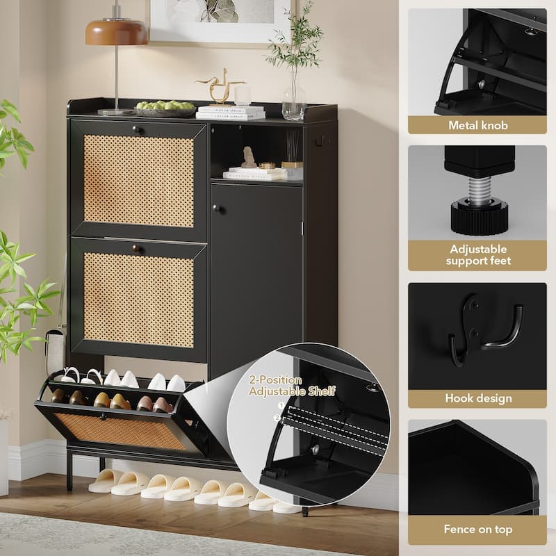 Shoe Cabinet, Natural Rattan Freestanding Shoe Organizer with 3 Flip-out Drawers and 4 Open Shelves Side Cabinet