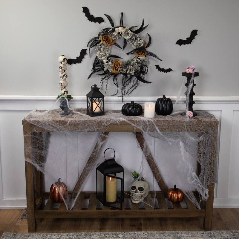 Skulls with Roses Halloween Foliage Wreath - 14" - Orange, Gray and Black - Unlit