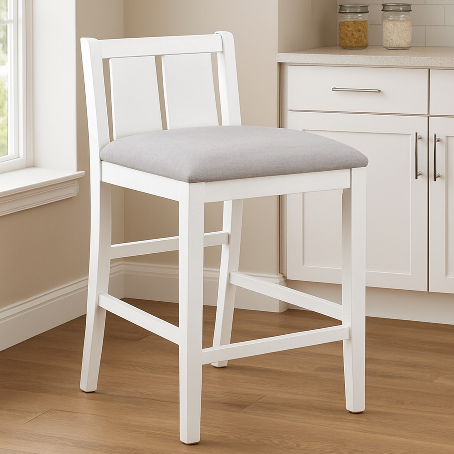 Set of 2 Counter Height Chairs with Upholstered Seat, Cream and White