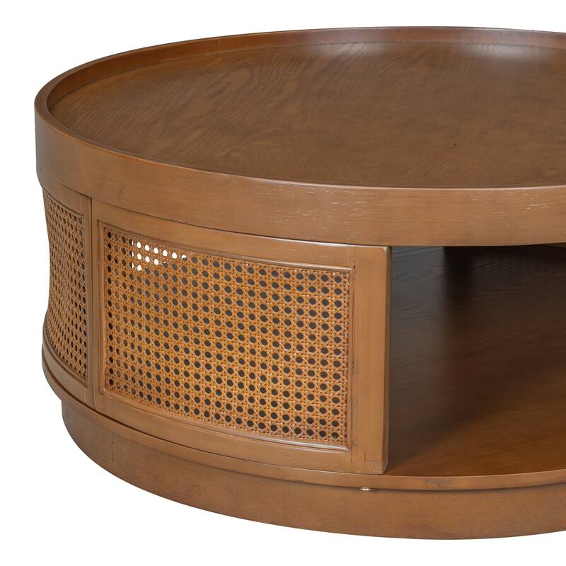 36.8" Wooden Mid-Century Modern Coffee Table with Storage, Round Cane Coffee Table with PE Rattan Side for Living Room