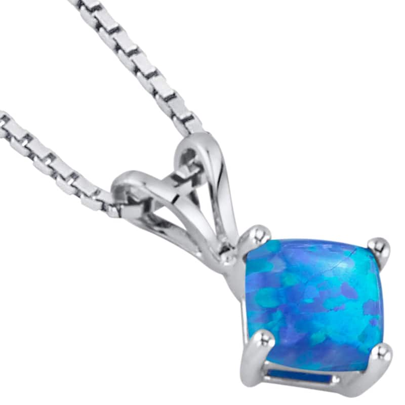 14k White Gold Gold Cushion Cut Created Blue Opal Pendant