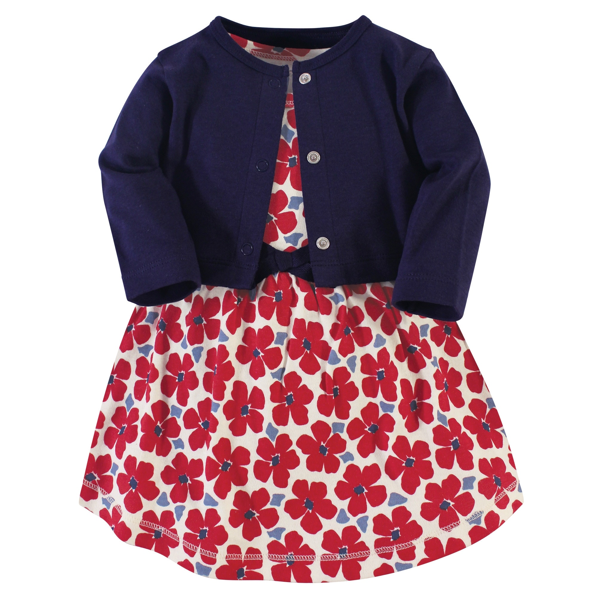 Touched by Nature Baby and Toddler Girl Organic Cotton Dress and Cardigan 2pc Set, Red Flowers