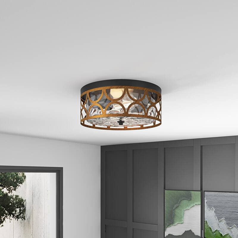 Matte Black 2-Light Rippled Glass Flush Mount Ceiling Light with Antique Brass Metal Shade