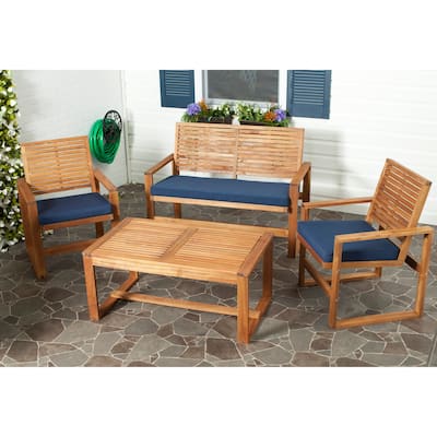 SAFAVIEH Outdoor Living Ozark Brown/ Navy Acacia Wood 4-piece Patio Set