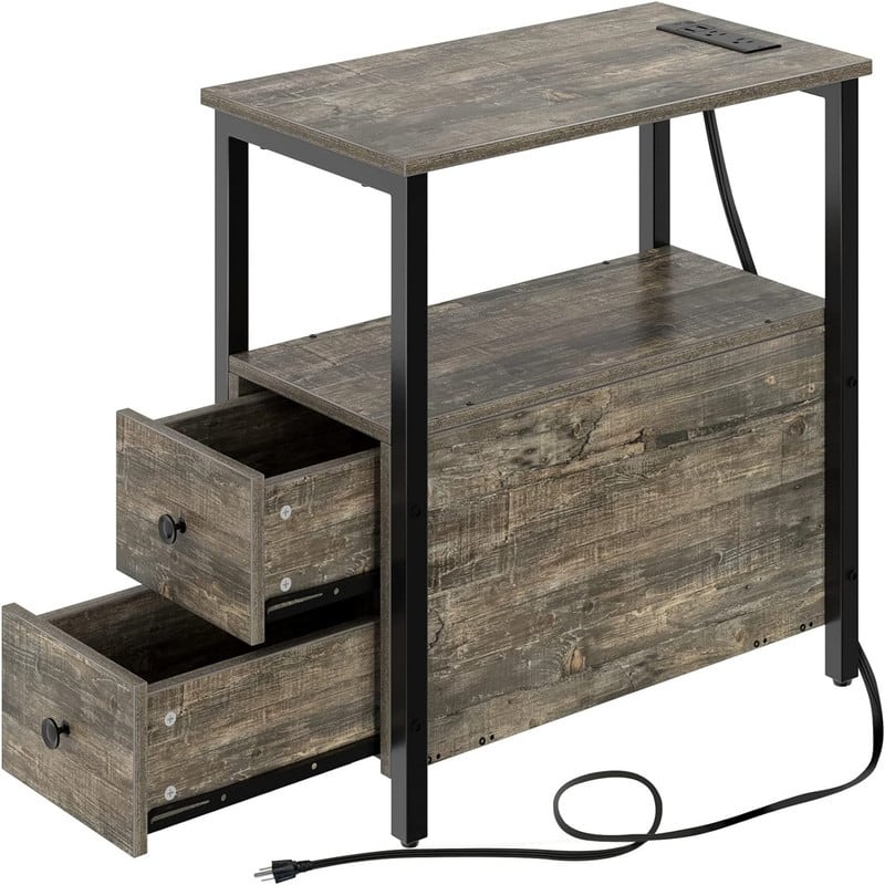 End Table with Charging Station - 23.6"D x 11.8"W x 24.4"H - Grey