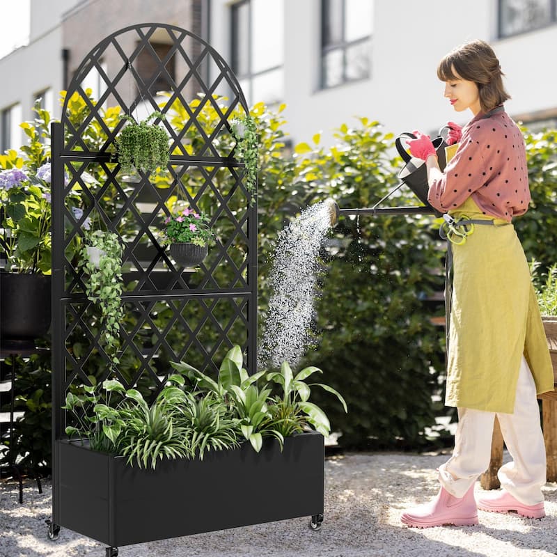 Movable Raised Garden Bed with Trellis and Lockable Wheels - 71*35