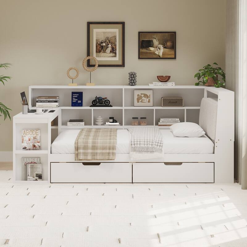 L-shaped Wooden Sofa Daybed with Desk, Bookcase Cabinet, Corner Bed with Under-bed Drawers, Upholstered Headboard Built-in Light