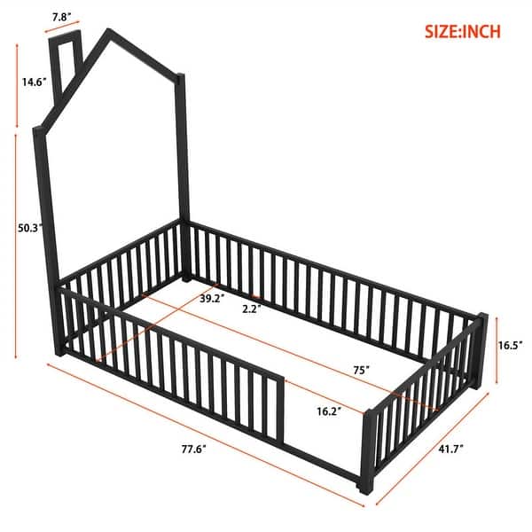 dimension image slide 3 of 4, Twin/Full Size House Platform Bed with Guardrail and House-Shaped Headboard, Metal Floor Montessori Bed with Chimney Design