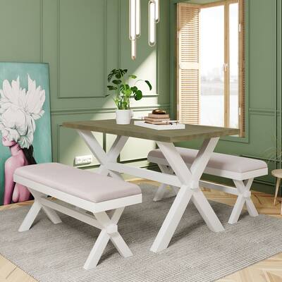 3-Piece Farmhouse Rustic Wood Dining Set with Upholstered Benches