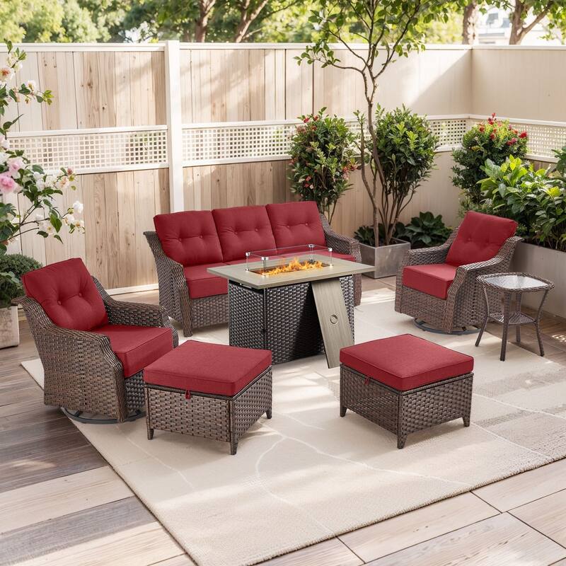 Outdoor Furniture Set with Propane Gas Fire Pit Table - Brown Wicker & Red Cushion - 7-Piece Sofa Chair with Rectangle Fire Table