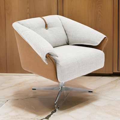 31 Inch Swivel Accent Chair, Padded Cushions, Faux Leather, Gray, Caramel