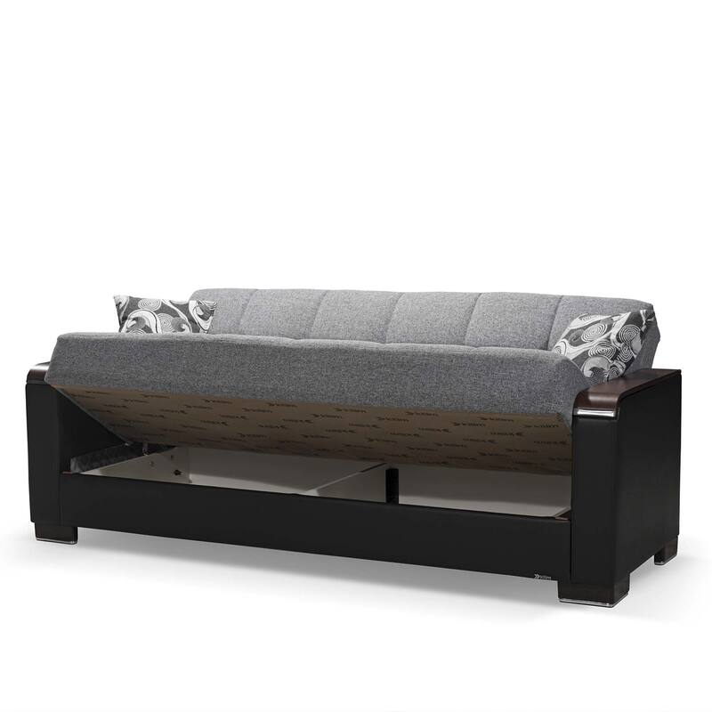 HomeRoots 87" Gray And Black Microfiber Convertible Futon Sleeper Sofa And Toss Pillows With Storage