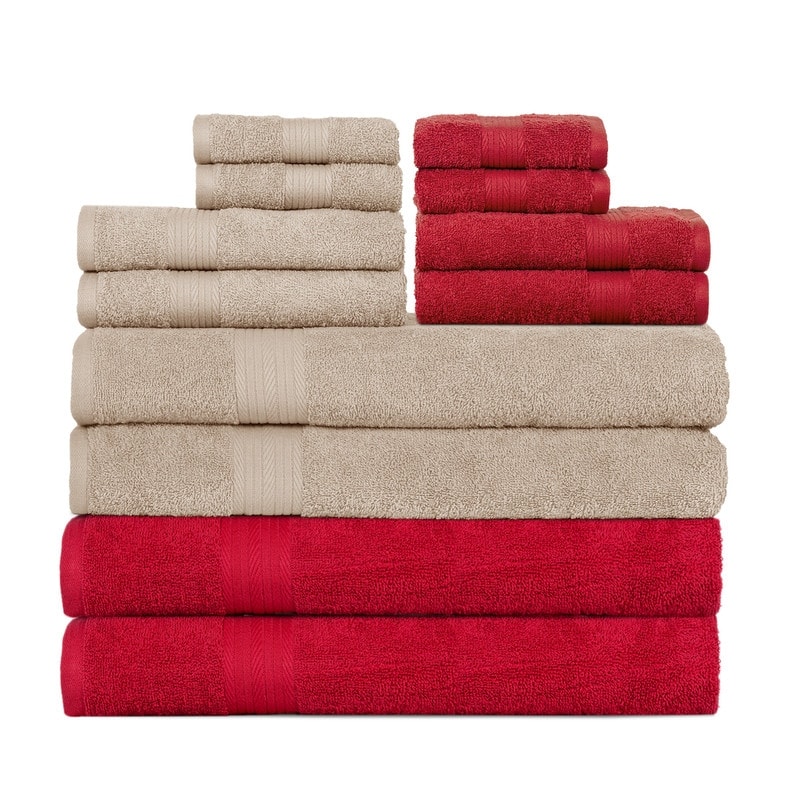 Cotton 600GSM Bathroom Towel Set 12 Pcs Assorted Color by Ample Decor - 4Bath 4Hand 4Wash - Beige - Red