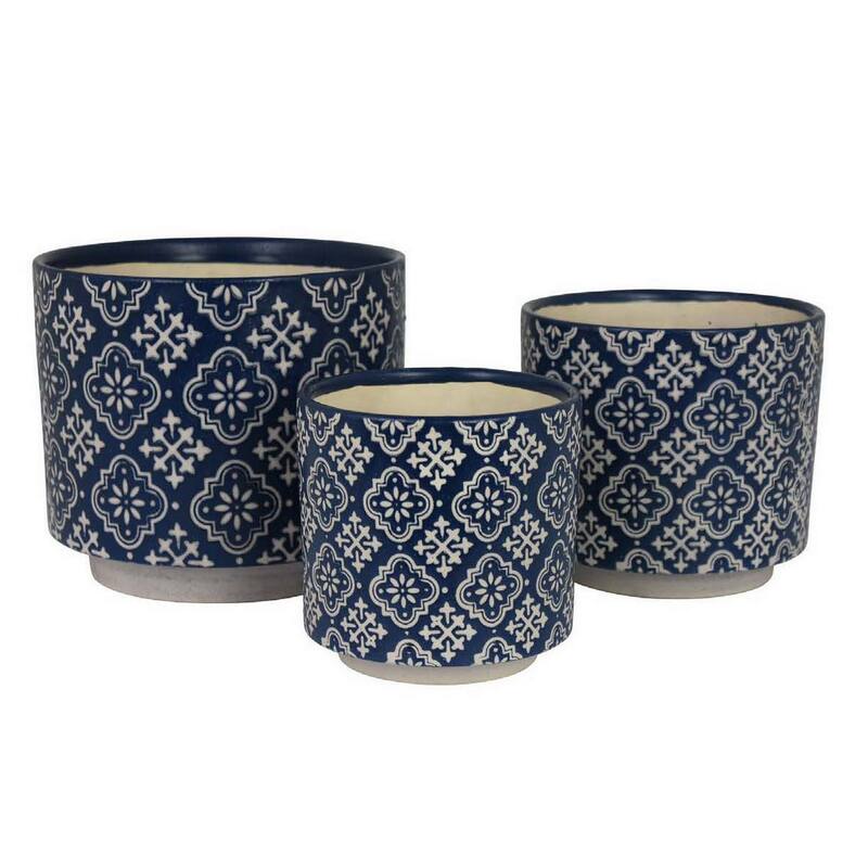 Modern Planter Set of 3, Vintage Floral Motifs, White Blue Ceramic