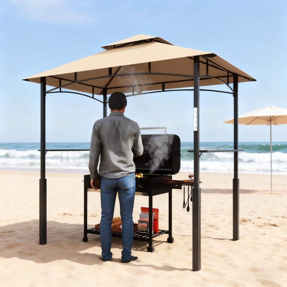 GDFStudio - 8'x5' Outdoor Double-Tier Grill Canopy with LED Light & Storage Shelves