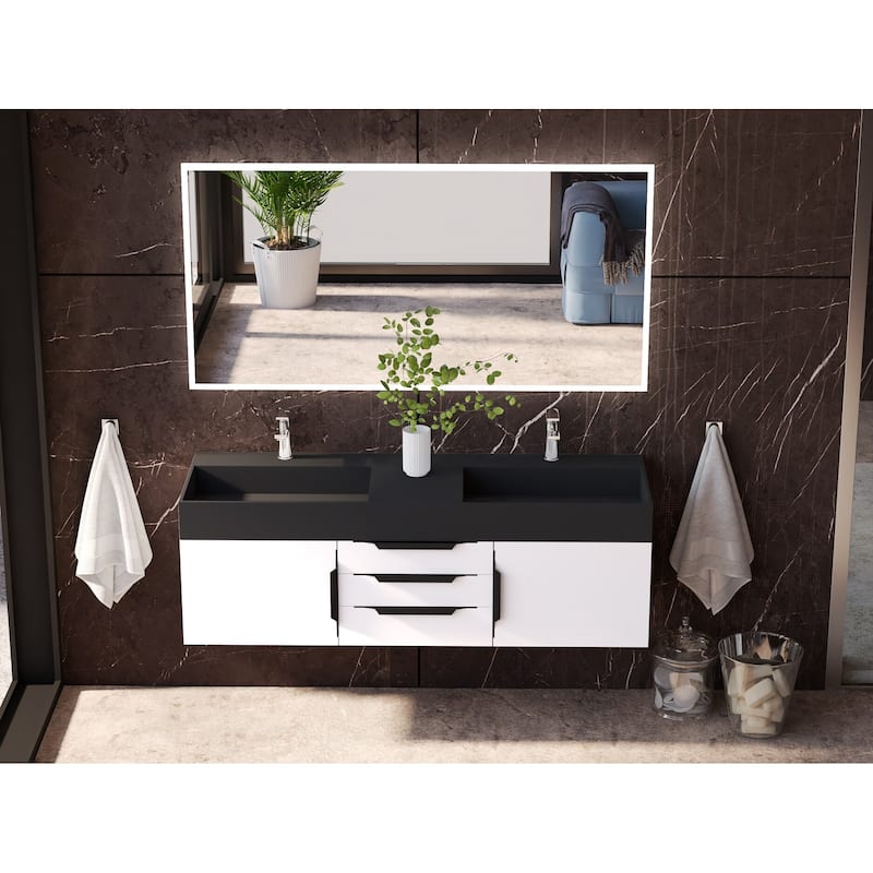 Amazon 60" Wall Mounted Bathroom Vanity Set w/ Black Top