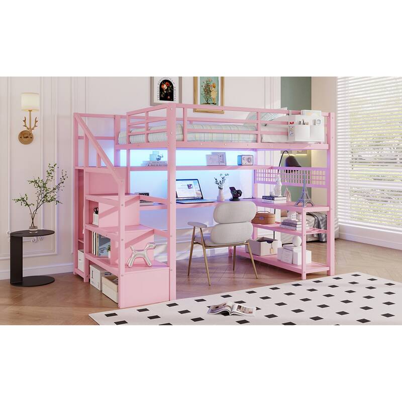 Roomfitters Full Metal Loft Bed, L-Shaped Desk and LED Staircase Wardrobe with Charging Station for Girls Bedroom