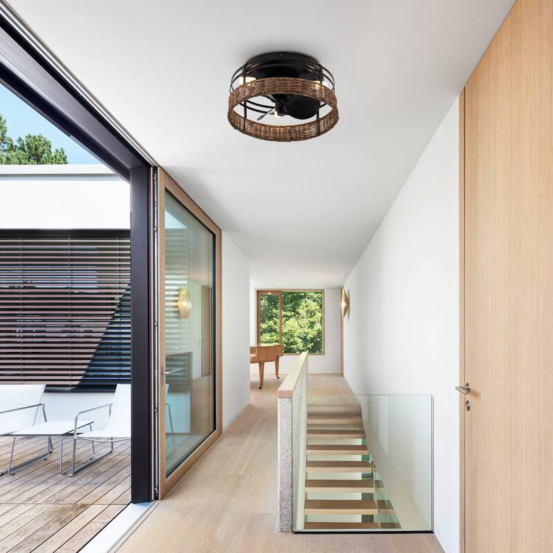 Farmhouse Black 3-Blade Rattan Small Flush Mount Ceiling Fan with Remote - 12.5-in W