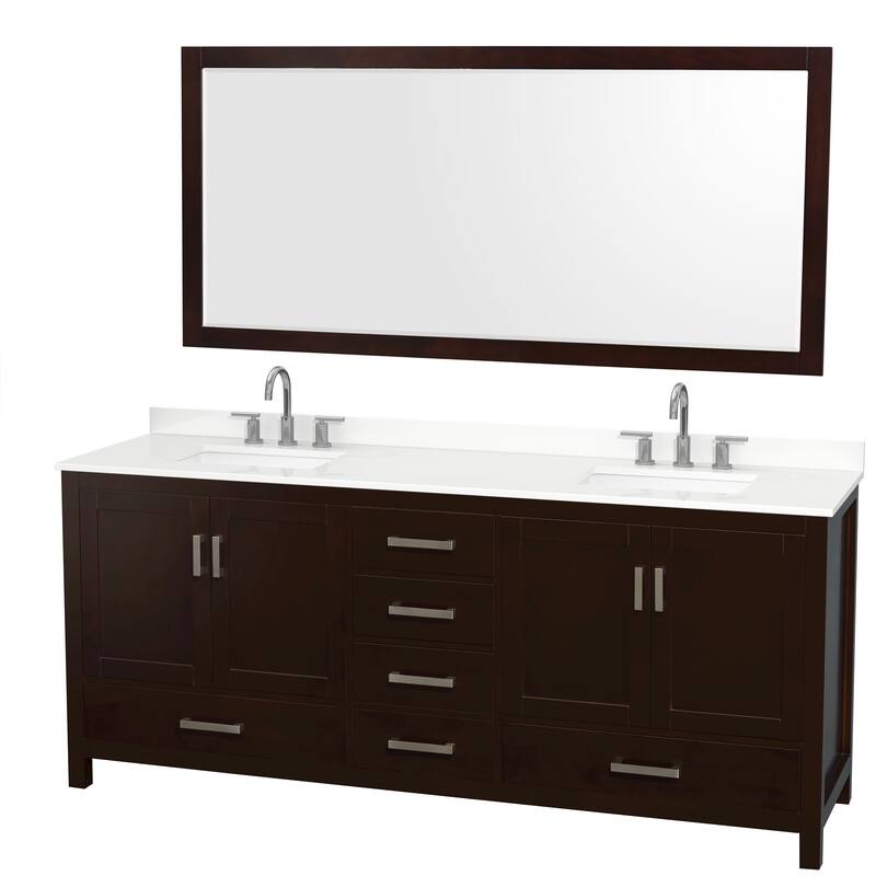 Sheffield 80-inch Double Vanity, 3 Hole Quartz Top, 70-inch Mirror - Espresso, Chrome Trim, White Quartz Top