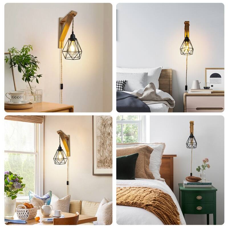 Rustic Plug-In Wall Sconce With Wood Shelf, Hanging Lamp With On/Off Switch, For Farmhouse Bedroom, Hallway, Living Room