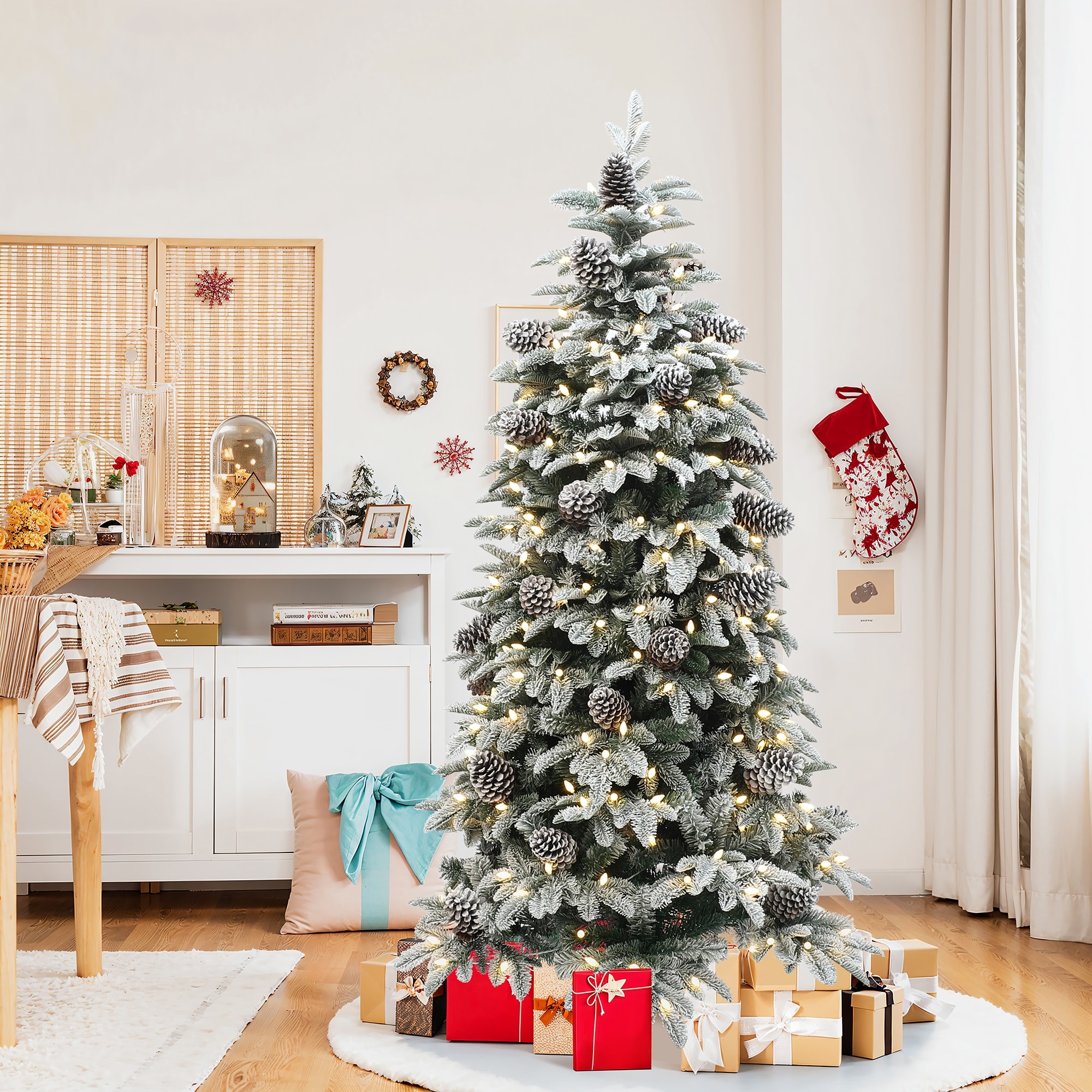 6Ft Pre-Lit Flocked Artificial Pine Christmas Tree with Pinecones and Stand - 72" H x 42" Diameter