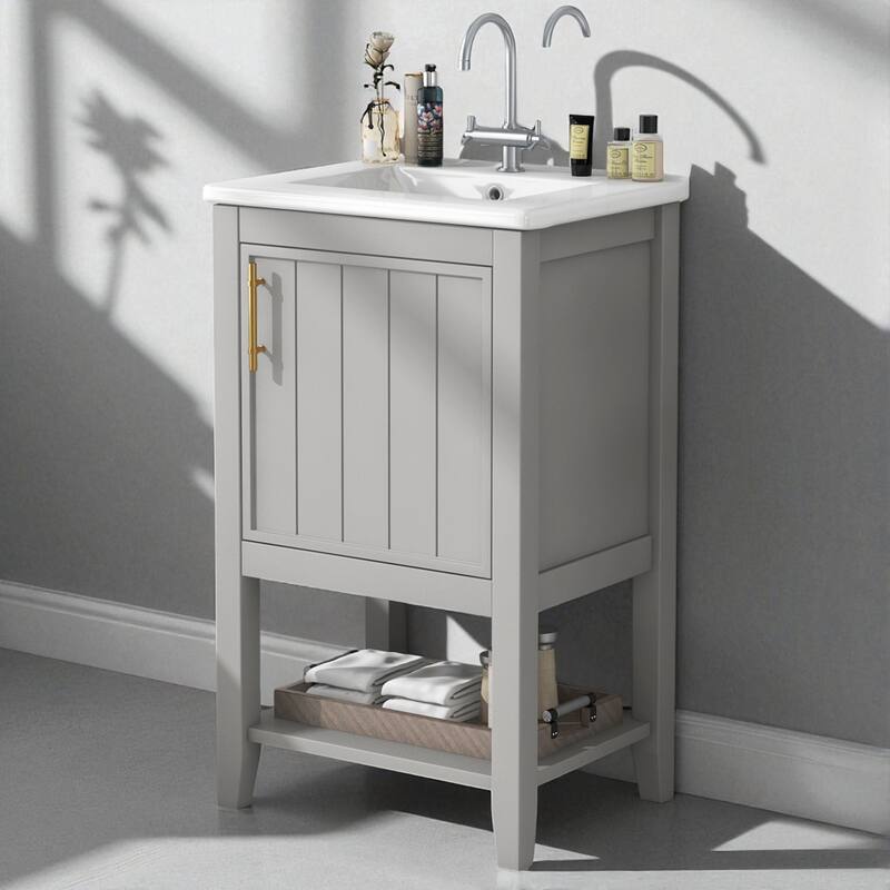20" Bathroom Vanity with Ceramic Sink, Soft Closing Door, Storage Rack & Open Shelf for Small Bathrooms - Grey
