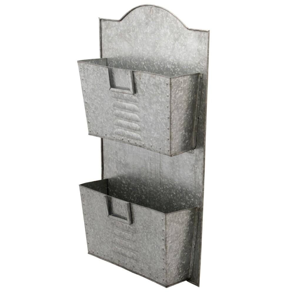 Grey Galvanized Two Tier Metal Wall Pocket Organizer