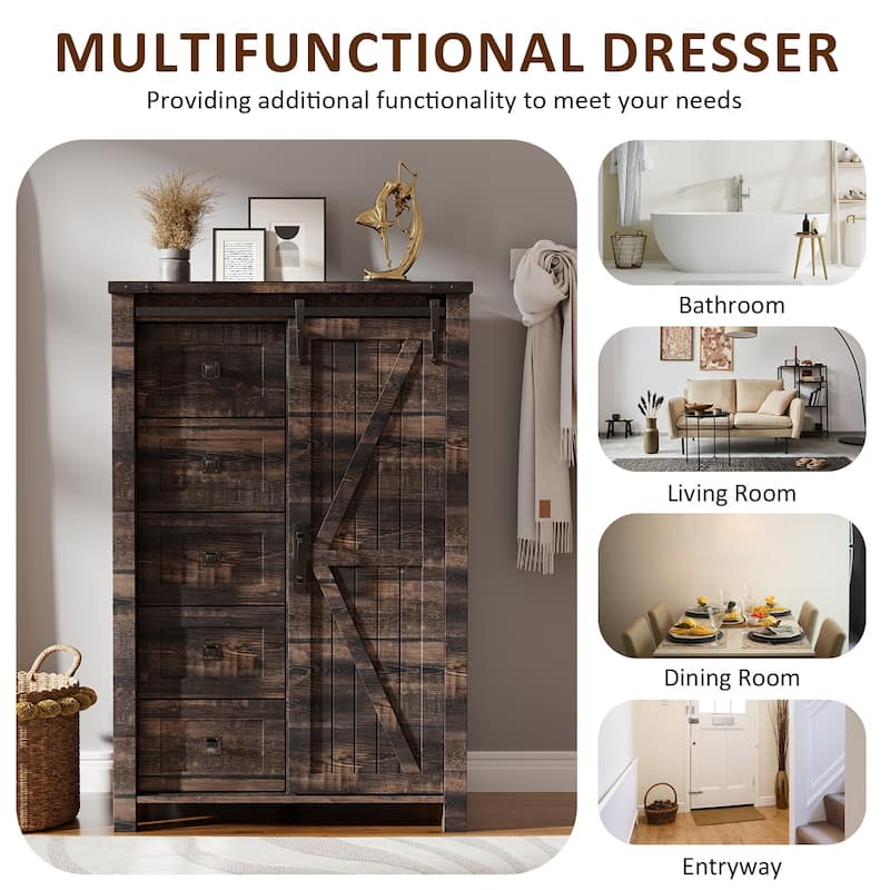 Farmhouse 5 Drawers Dresser, Vintage Chest of Drawers with Barn Door