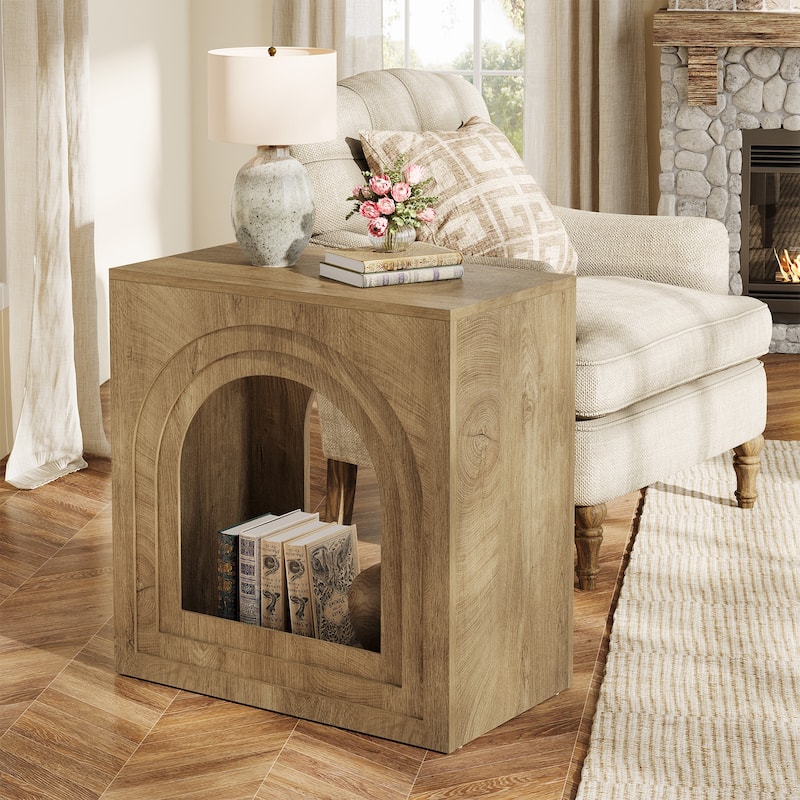Square Farmhouse End Table, 2-Tier Side Table with Arched Open Shelf