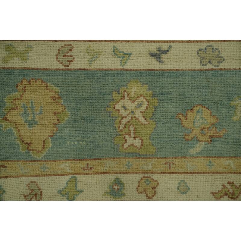 Vegetable Dye Green Oushak Turkish Large Rug, Medallion Geometric Carpet - 14' 1'' X 10' 0''