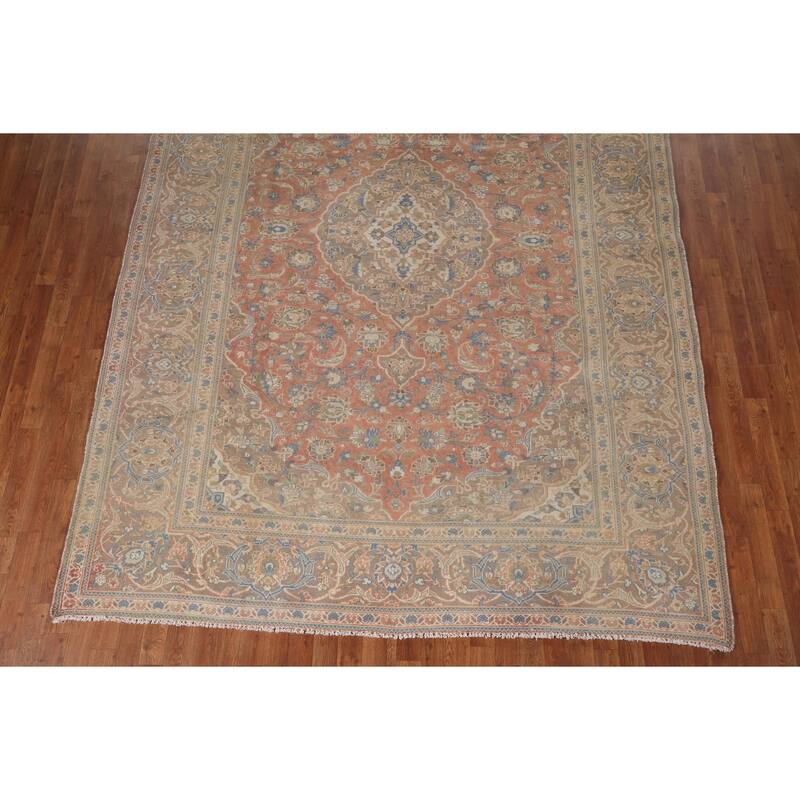 Traditional Mashad Vintage Persian Rug Bedroom Handmade Wool Carpet - 7'10" x 11'0"
