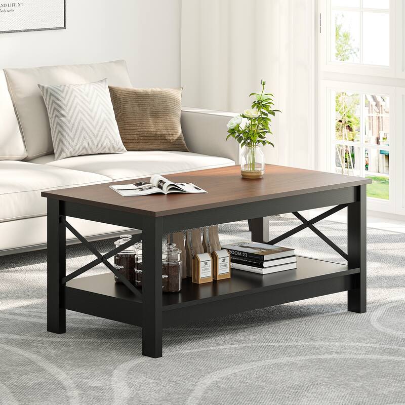 Farmhouse Wood Accent Coffee Table with Large Storage Shelf - Brown/Black