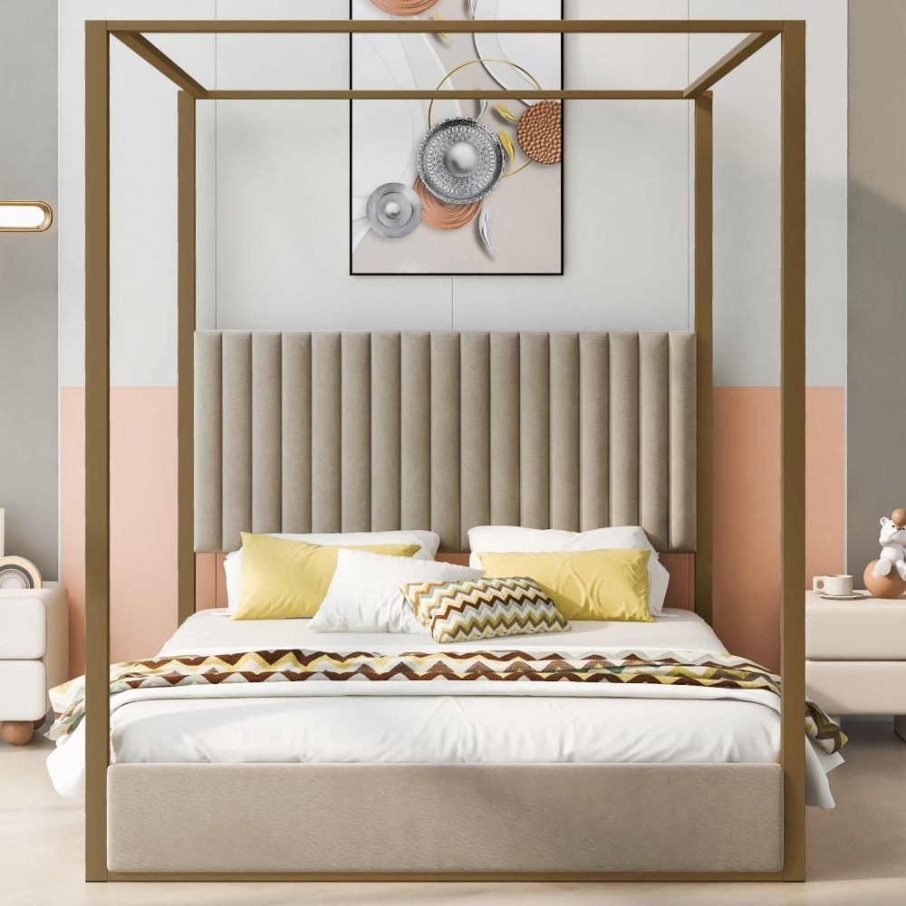 Queen Size Upholstery Canopy Platform Bed Beige