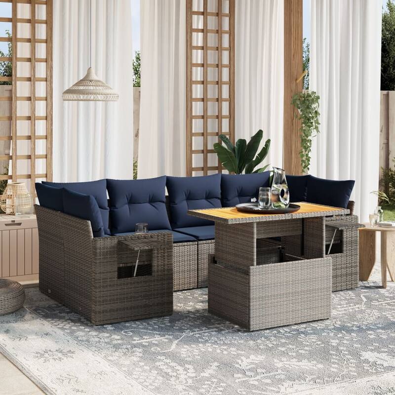 vidaXL Patio Sofa Set with Cushions Outdoor Furniture 7 Piece Poly Rattan - Grey - 24.4 x 24.4 x 27.2