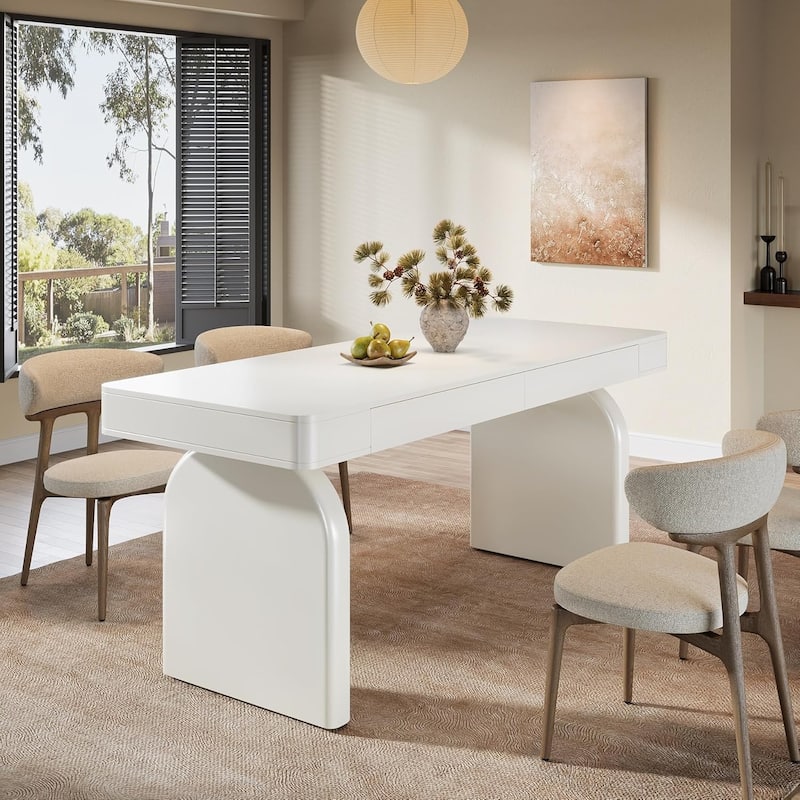 63-Inch Modern Dining Table with 2 Storage Drawers, Rectangular White Glossy Kitchen Table
