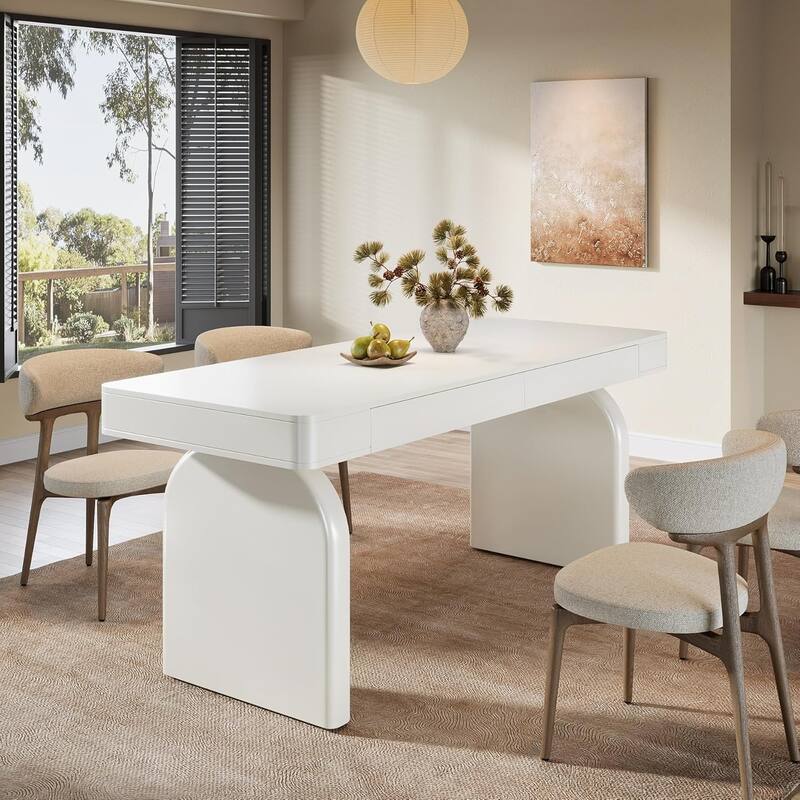 63-Inch White Dining Table with 2 Storage Drawers, Modern Rectangular Glossy Kitchen Table