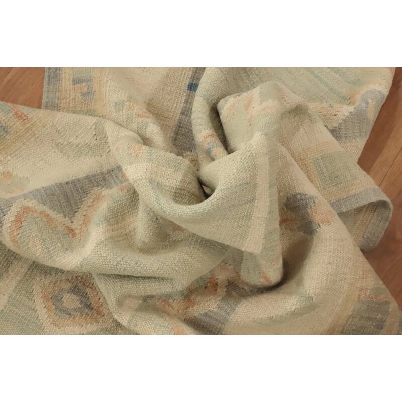Hand Woven Oriental 100% Wool Carpet Southwestern Tribal Green Kilim Runner Rug - 11' 0'' X 2' 8''