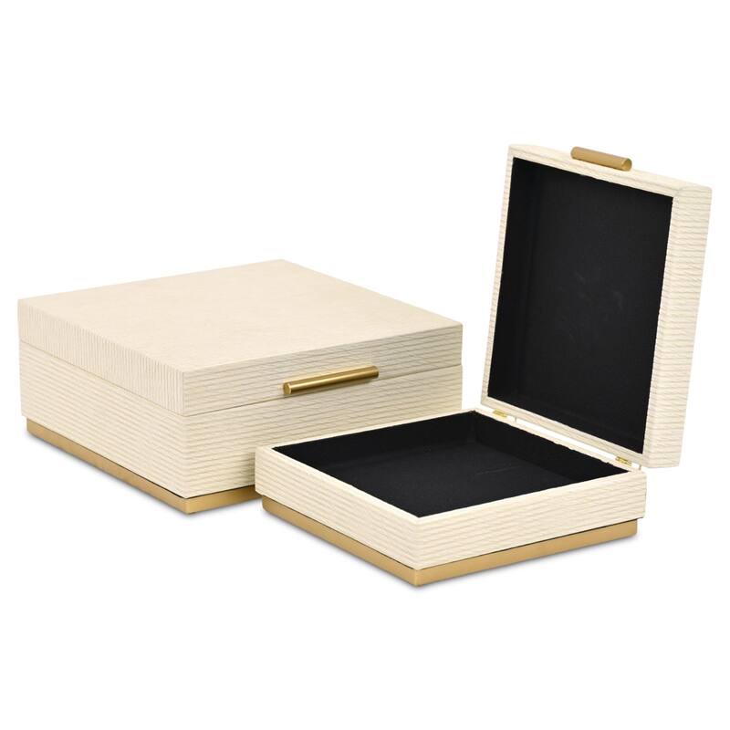 Eira Set of 2 Square Decorative Storage Boxes - Retro Stripe Pattern with Gold Hardware