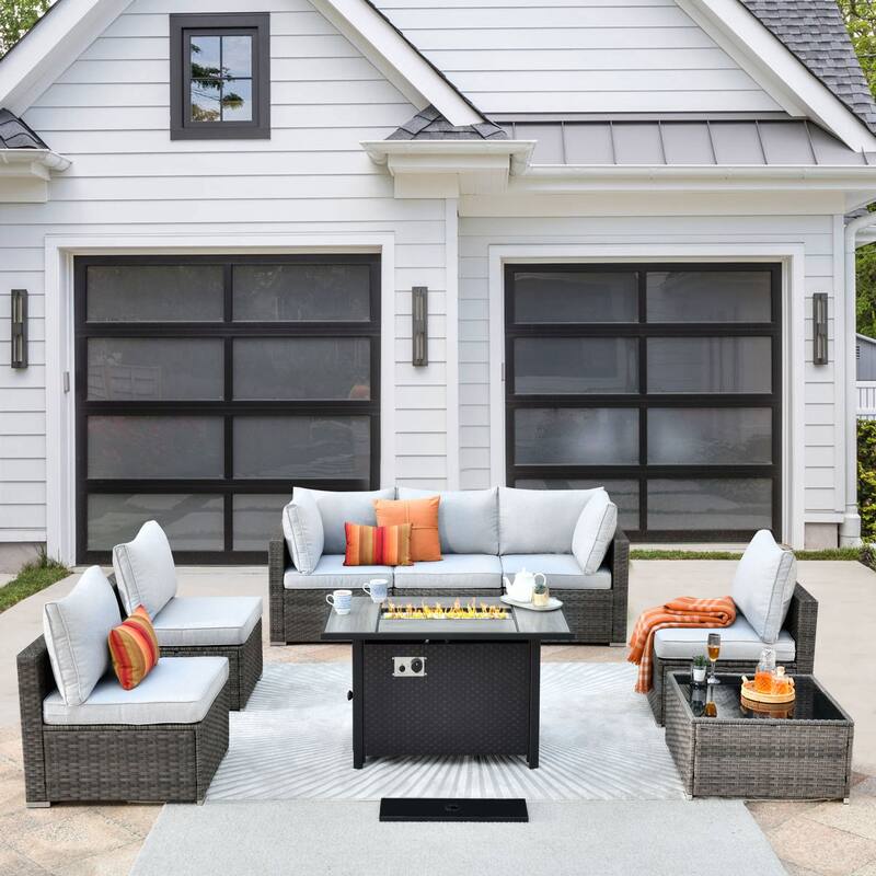 XIZZI 8-piece Patio Wicker Furniture Sectional Set with Firepit - Grey