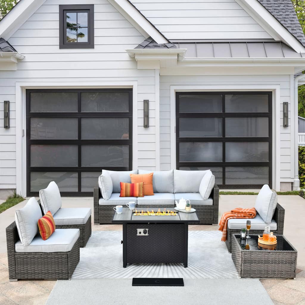 XIZZI 8-Piece Patio Wicker Sectional Sofa Set with 42" Fire Pit Table