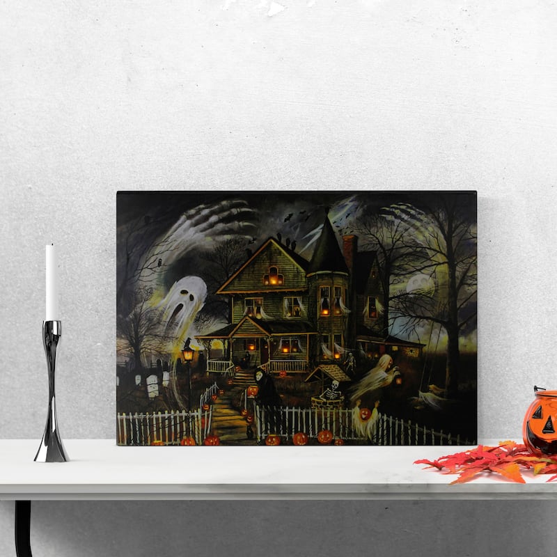 LED Lighted Haunted House Halloween Canvas Wall Art - 23.5" x 16" - Amber Lights