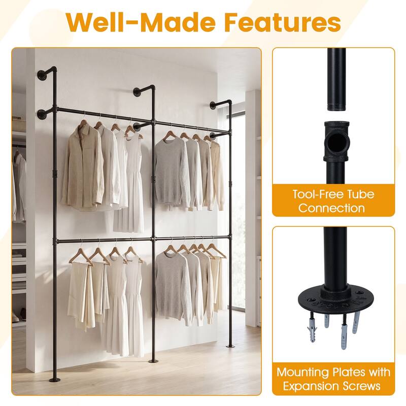 Gymax Industrial Pipe Clothing Rack Wall Mounted Heavy-Duty Metal