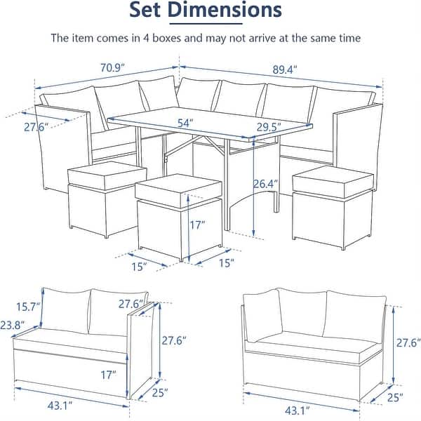 dimension image slide 4 of 7, AECOJOY 7 Pieces Patio Furniture Set Outdoor Sectional Sofa Rattan Conversation Set