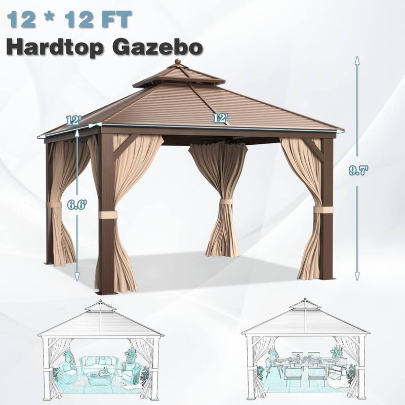 Outdoor Pro Series Galvanized Steel Hardtop Patio Gazebo Pergola w/Aluminum Frame, Prime Curtains and nettings include
