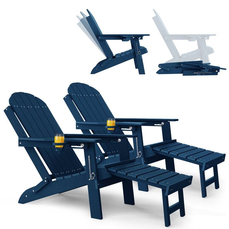 WINSOON Outdoor All-Weather HDPE Folding Adirondack Chair with Ottoman, Cup Holder & Adjustable Back Set of 2 - Navy