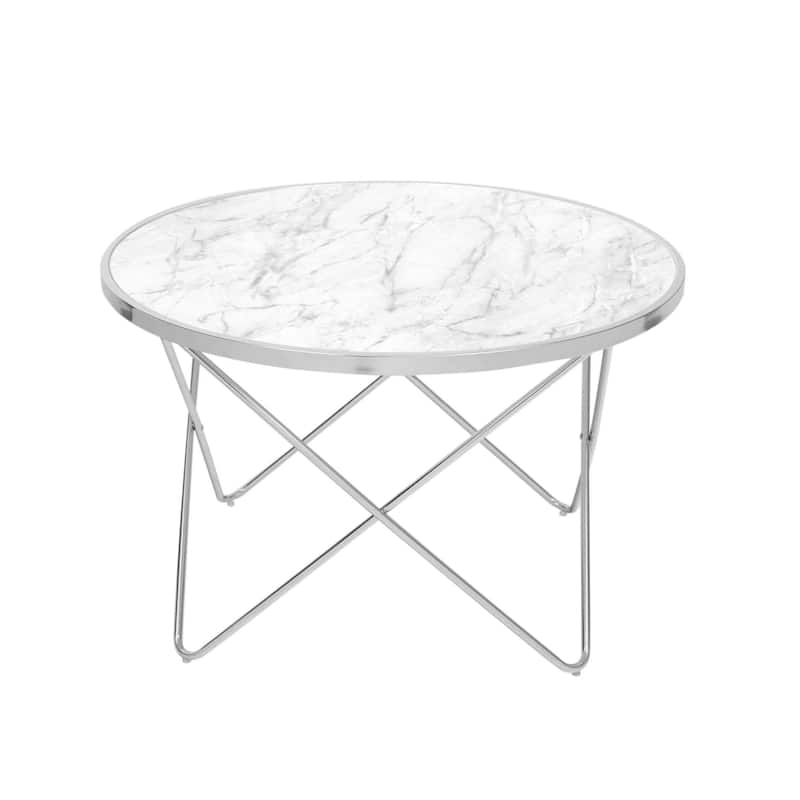 Teamson Home 32 in. Round Faux White Marble Coffee Table with Silver Metal Geometric Base, Small Modern Living Room Table - Metal - White