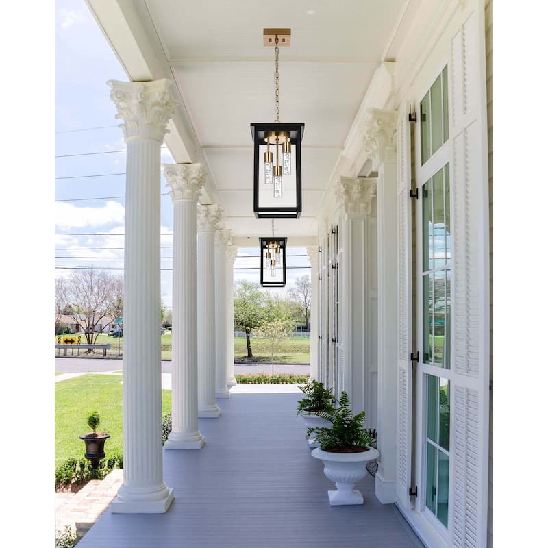 LED Large Outdoor Pendant Light Fixtures, LED Integrated Bulbs Included 3-Light Black and Brass Outdoor Hanging Lantern Light